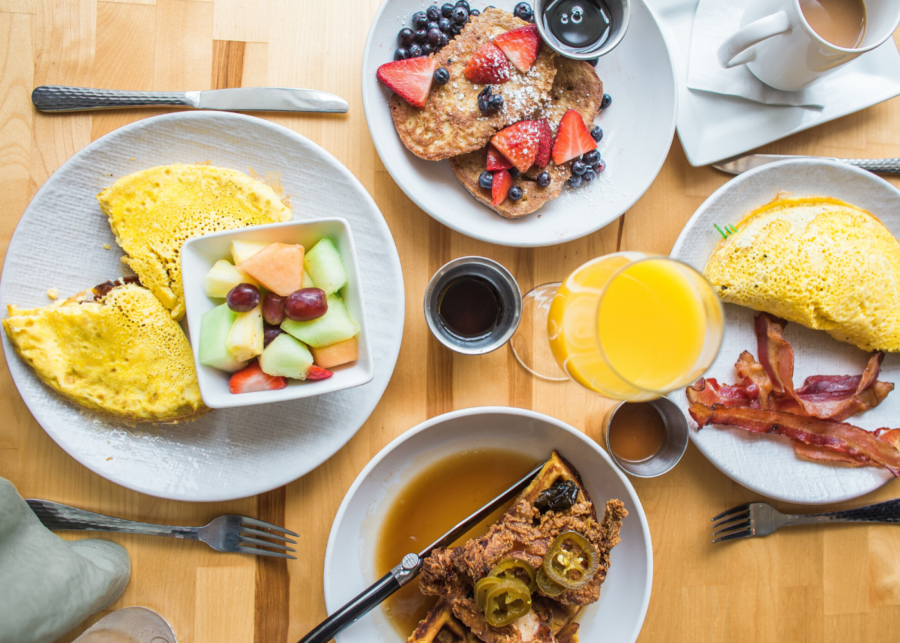 eggs toast pancakes on plate