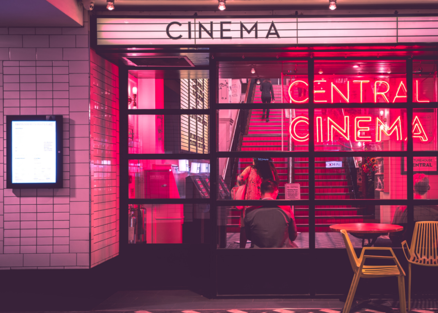 neon lights outside cinema theatre