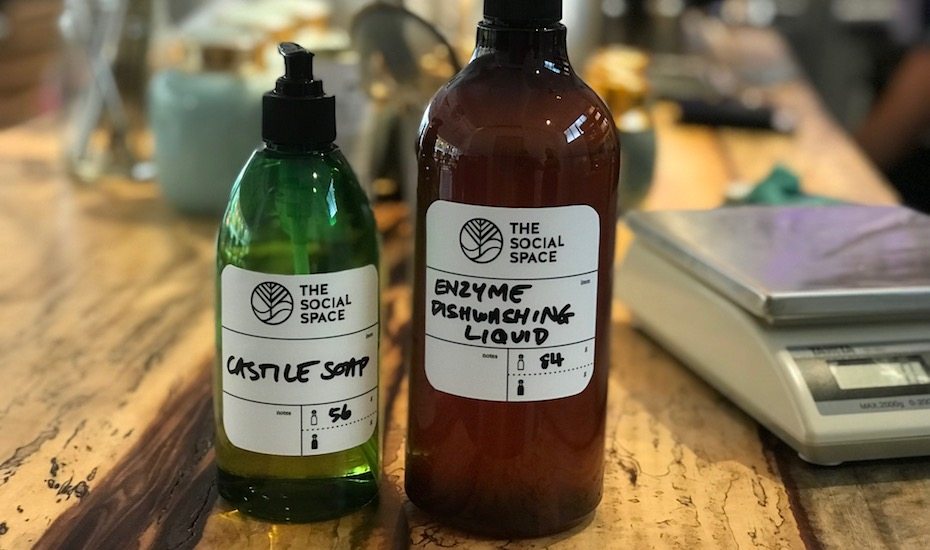 BYO containers to stock up on castile soap, shampoo, surface cleaner and dishwashing liquid at The Social Space's Refillery