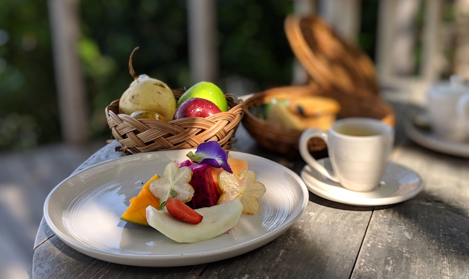 Cempedak Private Island's colourful breakfast with tropical fruits