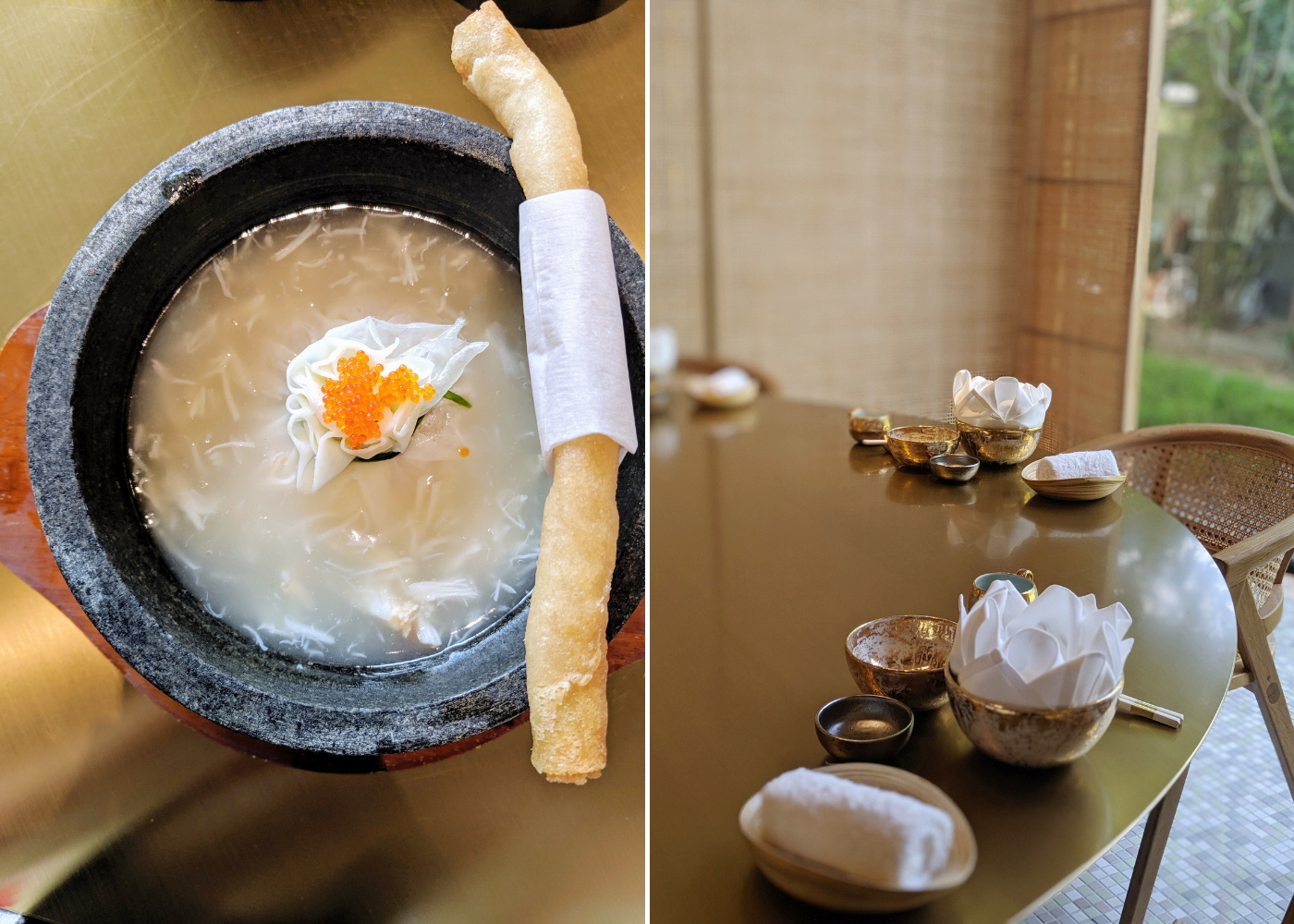 Braised sea treasure with chicken and prawn spring roll; contemporary Asian decor at Min Jiang at Dempsey. Photography: Aditi Gaitonde Fernandes