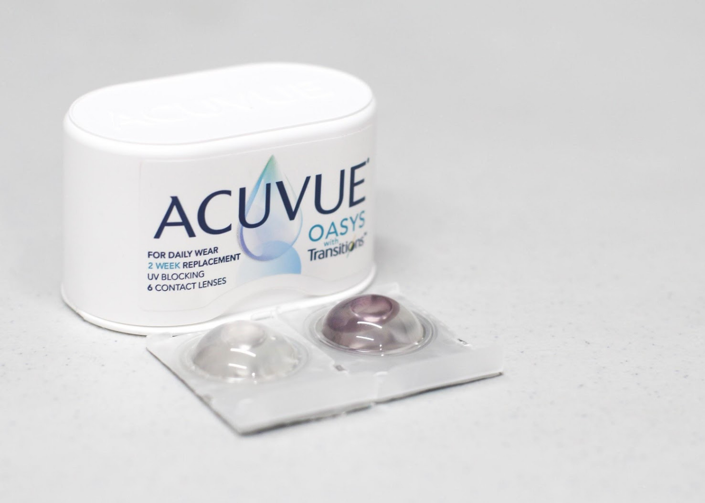 ACUVUE OASYS Contact Lenses with Transitions – Left blister pack when lenses are inactivated and right blister pack when it is activated. 