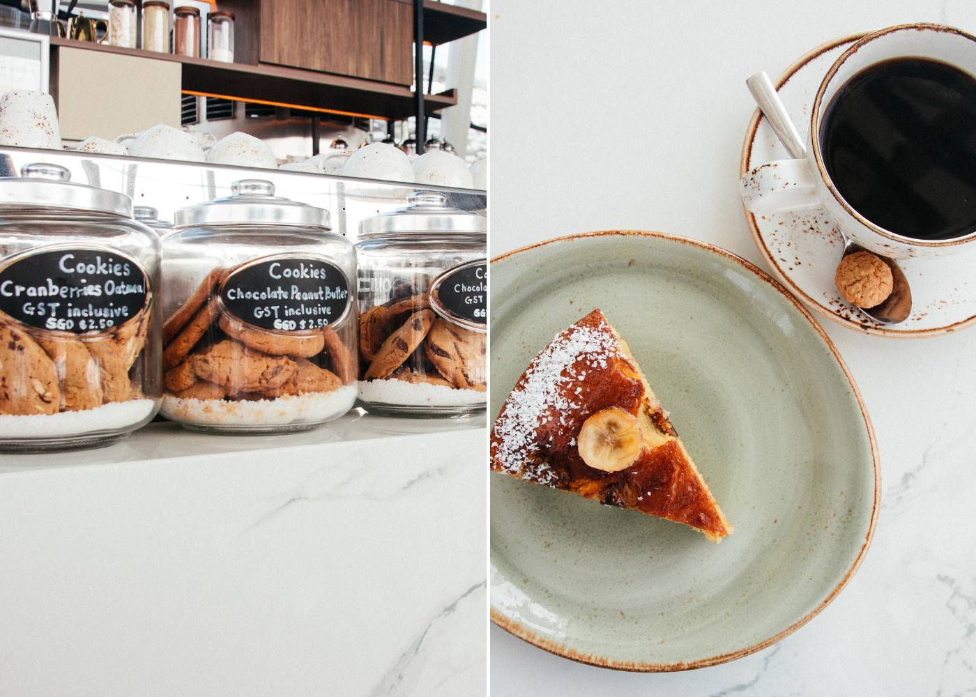 Left: Cookies on display, right: Coconut Banana Tart and French press coffee. Photography: Huanghao Yeo