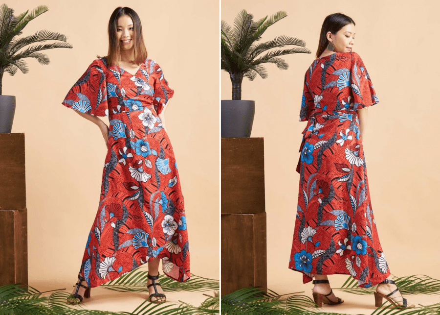Olive Ankara Oya wrap dress (Red Asa Hana)