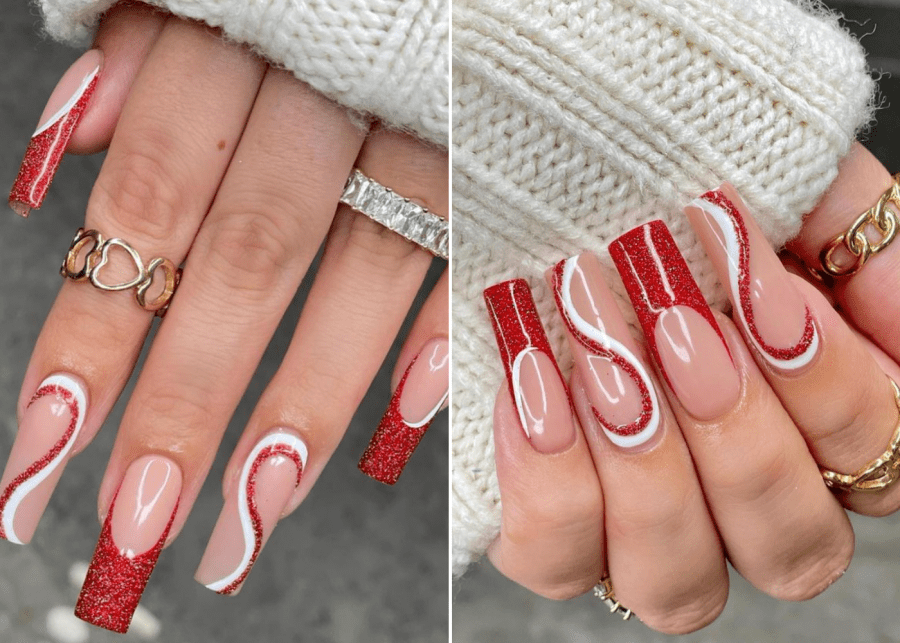 30 Christmas Nail Designs for 2021 : Red and White Christmas Coffin Nails