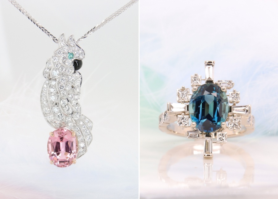 Best jewellery shops in Singapore - GIOIA Fine Jewellery - Animal Jewellery Bird High Jewellery & Blue Sapphire Unheated with Geometric Diamond inspiration Ring