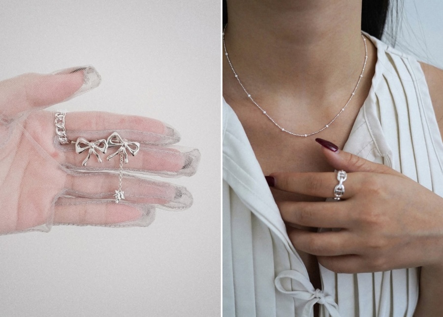Best minimalist jewellery in Singapore - Slow x Steady Studio silver bow earrings and gold necklace