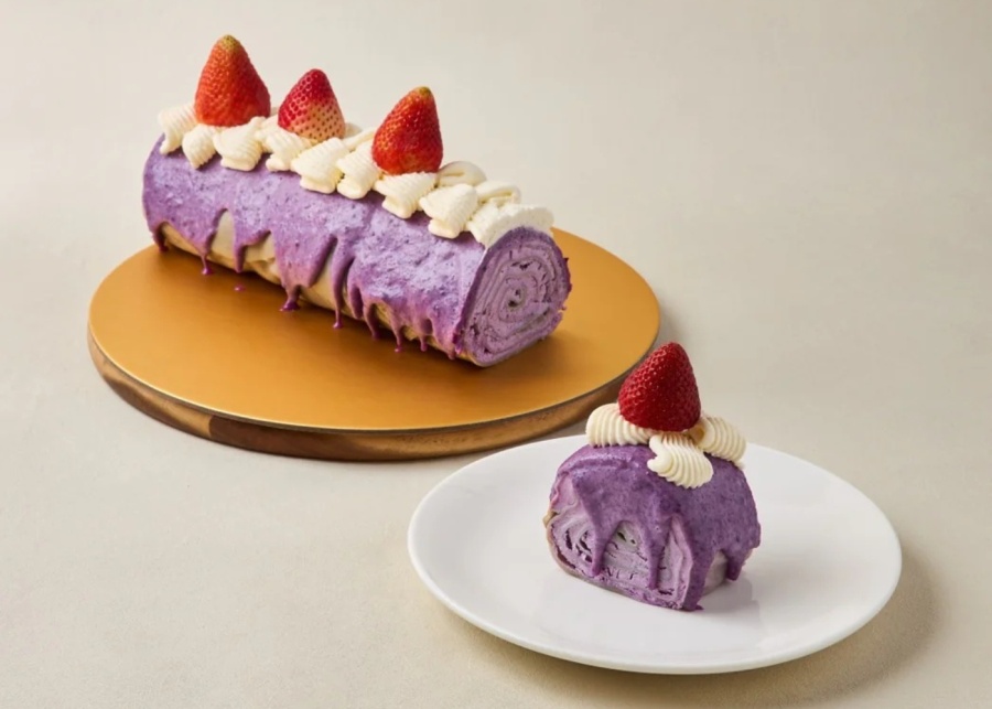 Best Christmas log cakes in Singapore - Twobakeboys Taro log crepe cake with strawberries