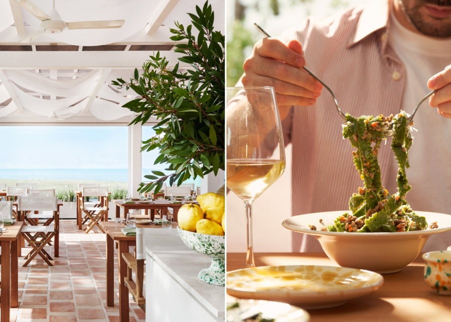 Best alfresco dining spots in Singapore - Fico outdoor seating by the sea; close-up of man eating pasta with wine