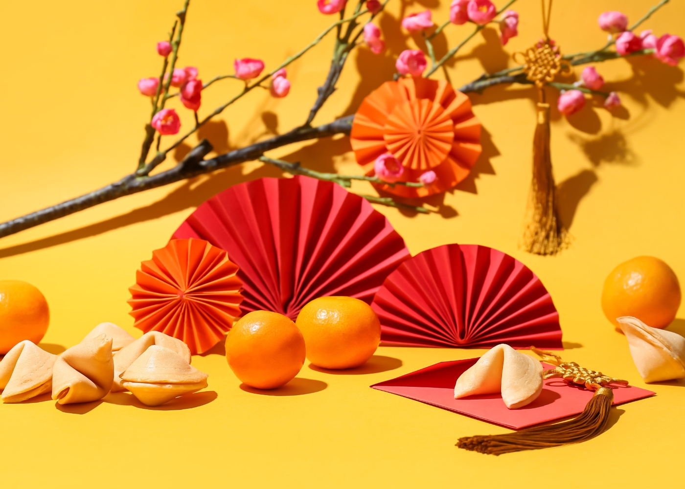 Best unique CNY goodies in Singapore - A festive set-up with fortune cookies and Mandarin oranges