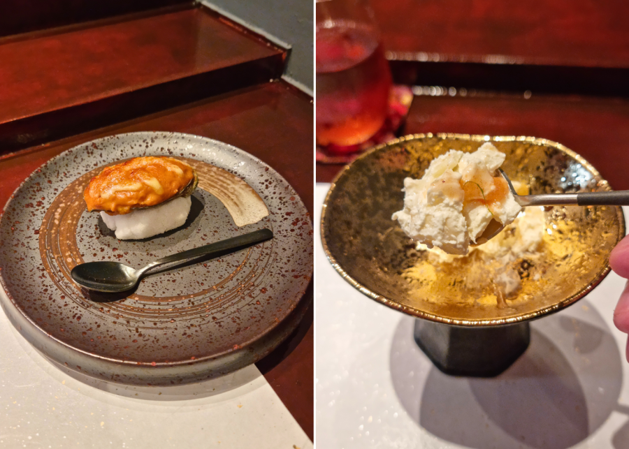 Mare Hachikyo's awabi & ama ebi white miso gratin and lily bulb salad | New restaurants and menus in Singapore 2025