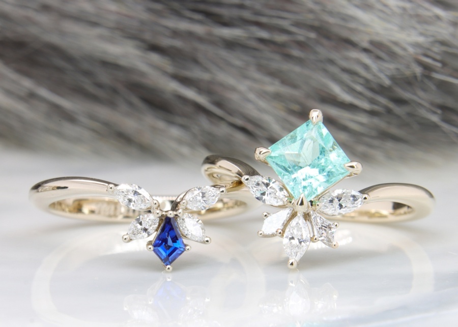 Best wedding bands in Singapore - Gioia Fine Jewellery - Paraiba tourmaline with stacking wedding band