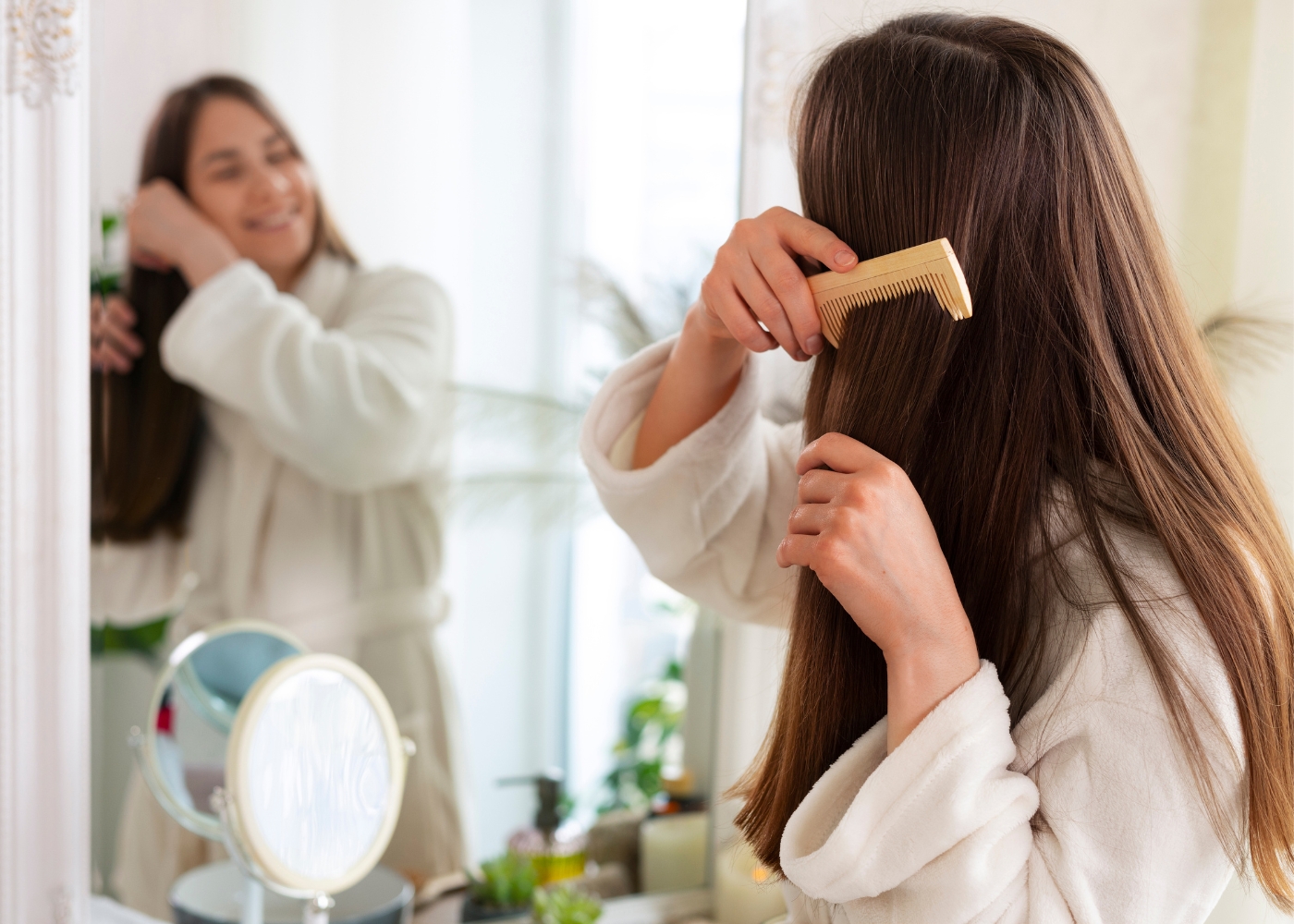 Best hair treatments in Singapore - Medium shot of woman combing her hair in the mirror