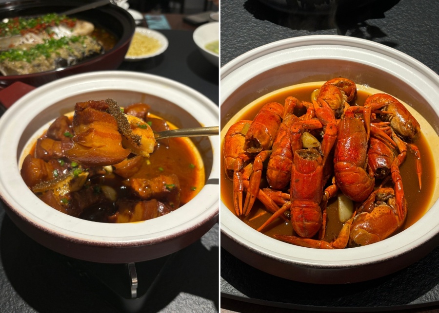 Mao's braised pork belly with abalone and signature crayfish