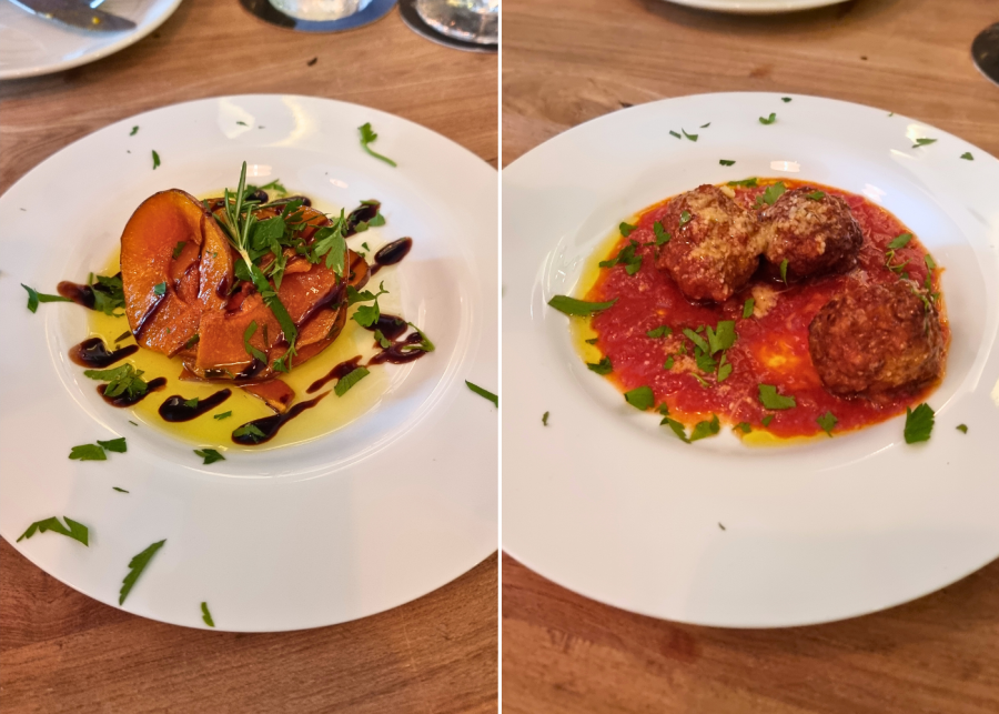 Pizza Studio Tamaki's caramelised marinated pumpkin in red wine vinegar and meatballs in tomato sauce | Pizza Studio Tamaki in Singapore