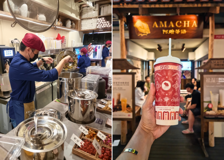 Amacha staff brewing herbal tea and exterior | New cafes in Singapore 2025