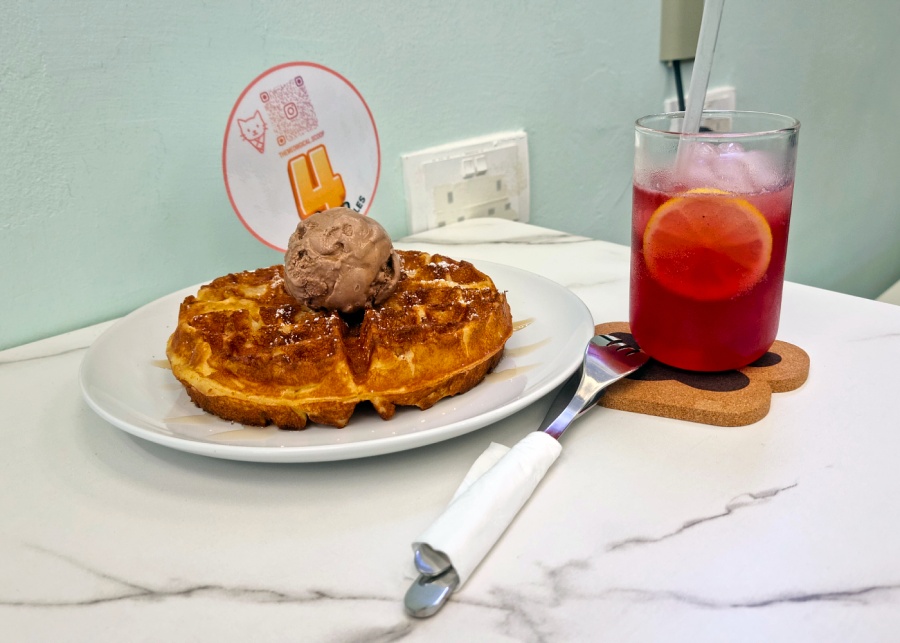 The Meowgical Scoop's Milo Dinosaur ice cream, Belgian waffle, and sparkling Ribena lemonade | New cafes in Singapore 2025