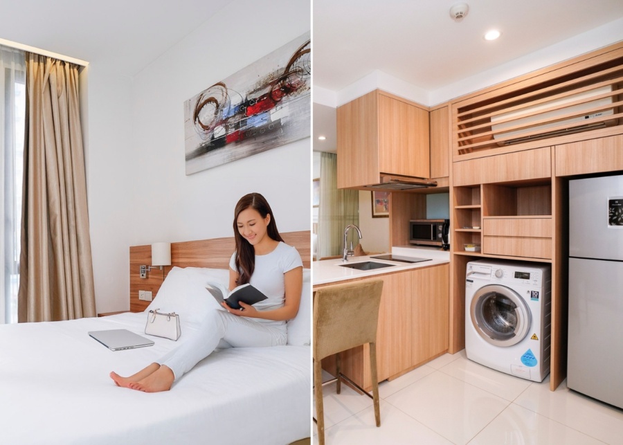 Best serviced apartments in Singapore - ST Residences bedroom and living area with washer and dryer