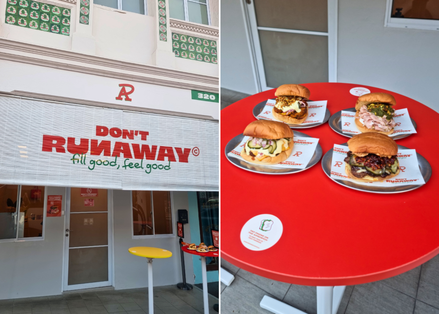 Don't Runaway's exterior and four sandwiches on a red table | Don't Runaway, free sandwich pop-up at Joo Chiat