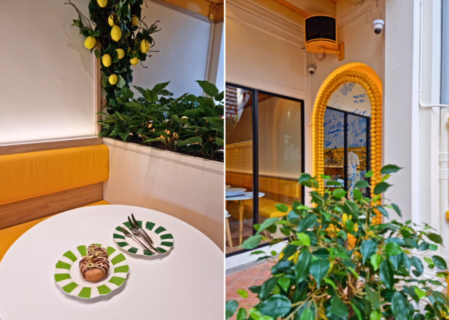 Fortuna Terrazza's interior (with doughnut of the day) and mirror with lemons framed around it | New cafes in Singapore 2025