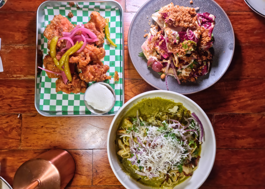 Artichoke's super crunchy fried chicken, chicory salad, and creamy green harissa prawns spaghetti | New restaurants and menus in Singapore 2025