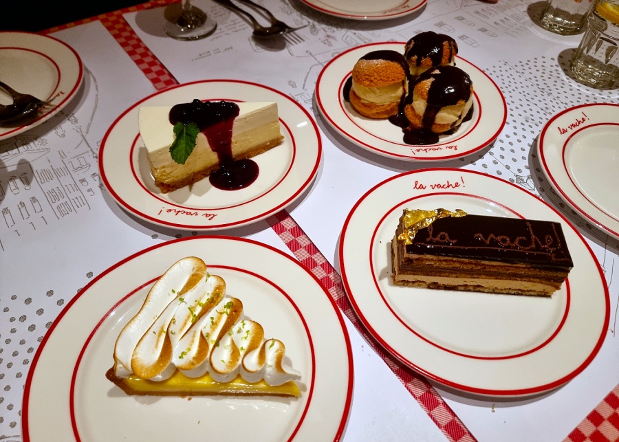 La Vache!'s desserts: lemon meringue tart, raspberry millefeuille, profiteroles, and chocolate cake | New restaurants and menus in Singapore 2025