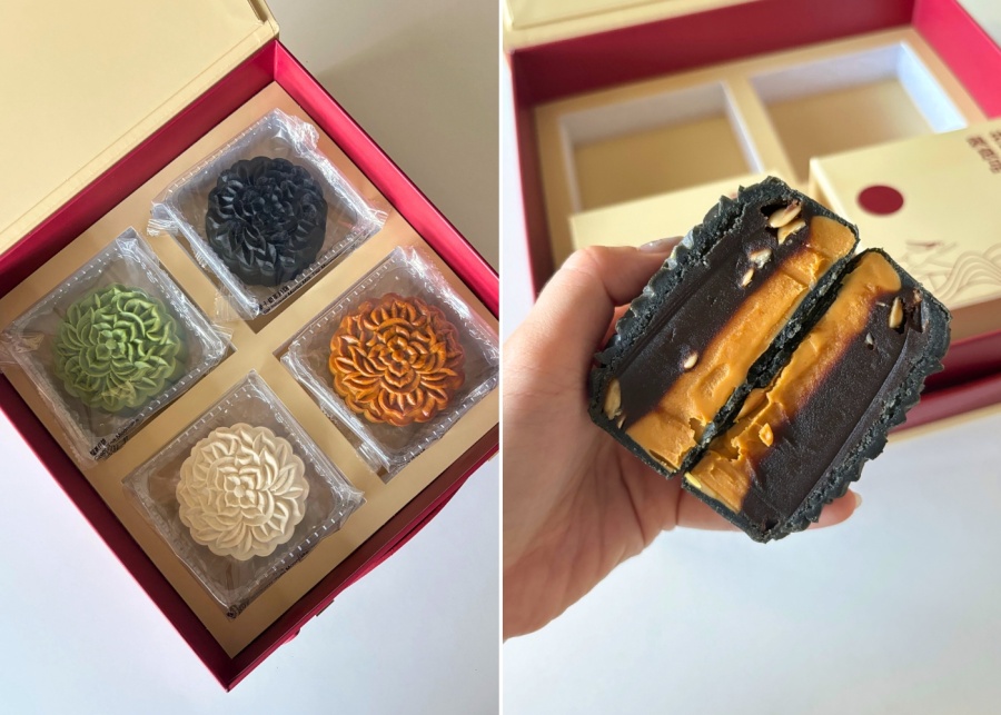 Best mooncakes in Singapore - Muji traditional baked mooncake gift box and charcoal-infused mocha milk tea mooncake