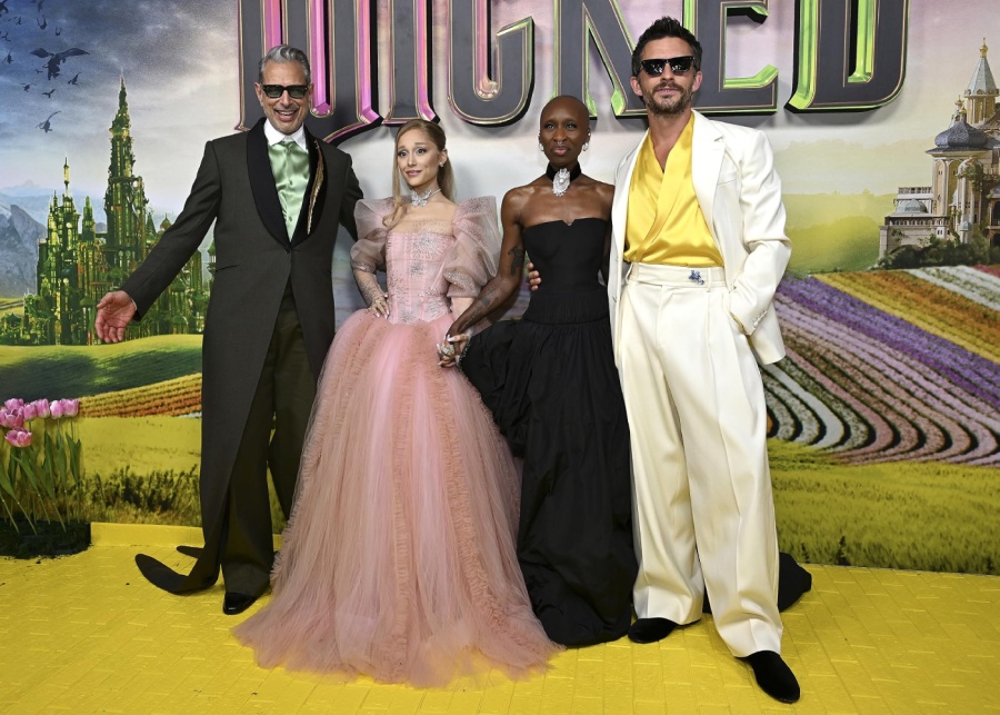 Wicked cast members Jeff Goldblum, Ariana Grande, Cynthia Erivo, and Jonathan Bailey on the yellow brick carpet | Ariana Grande and Cynthia Erivo in Singapore for Wicked: For Good premiere
