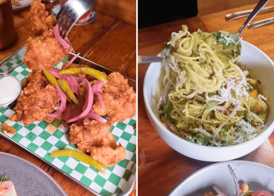 Artichoke's super crunchy fried chicken and creamy green harissa prawns spaghetti | Artichoke Pizza Parlour in Singapore review
