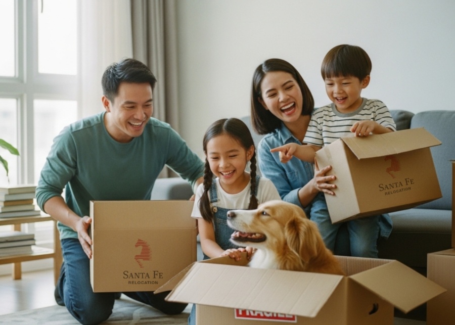 Best movers in Singapore - A happy Asian family of four with boxes for moving