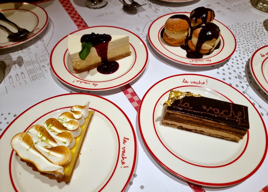 Lemon meringue tart, profiteroles, cheesecake with blueberry sauce, and dark chocolate mousse cake | La Vache! Singapore restaurant review