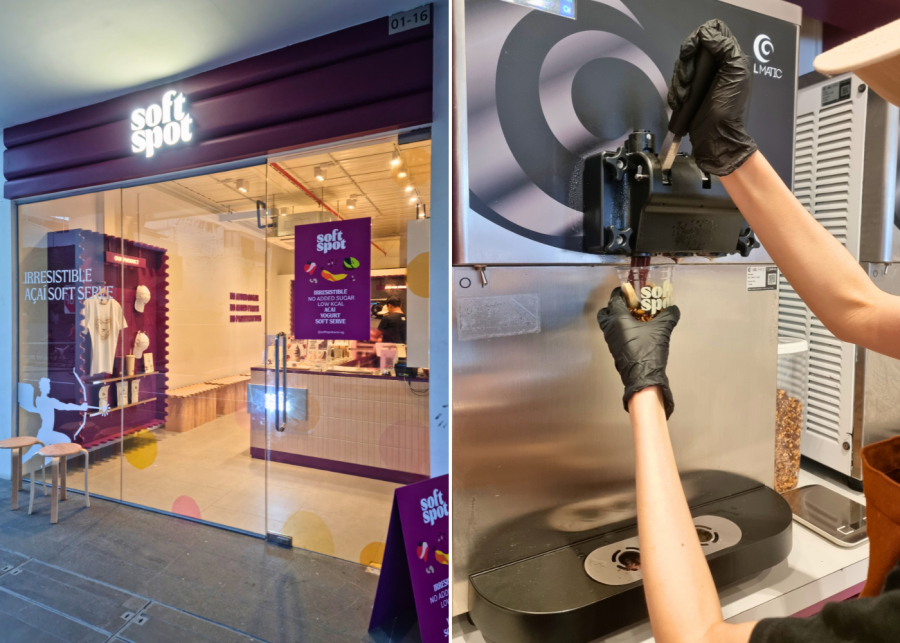 The storefront and staff swirling acai soft serve | Soft Spot Acai in Singapore