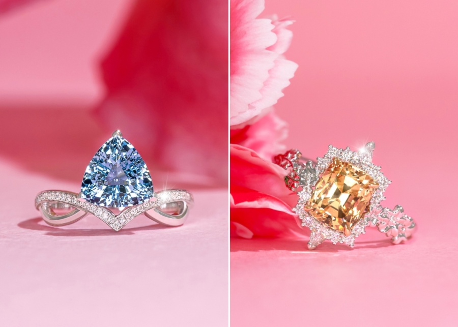 Best engagement rings in Singapore - Madly Gems bespoke trillion aquamarine and yellow sapphire engagement rings