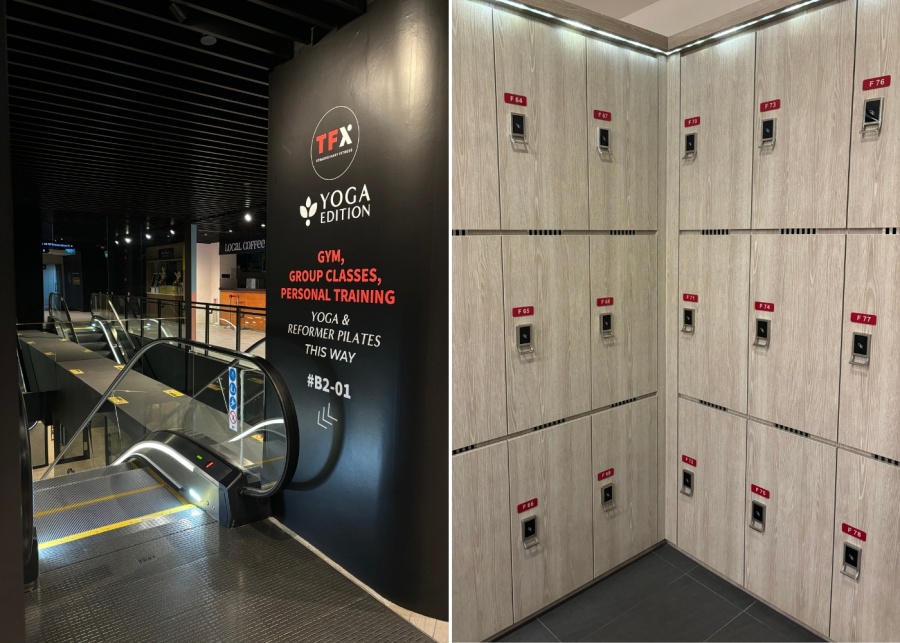 Yoga Edition Singapore CIMB Plaza review - Escalator to TFX Fitness and locker view
