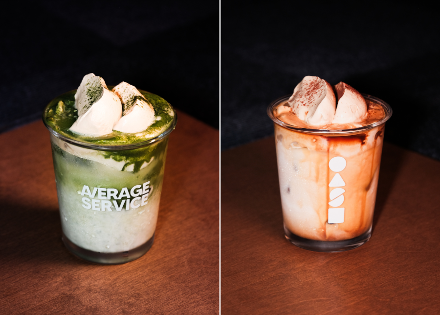 b for bagel popup at average service | matcha and coffee drinks