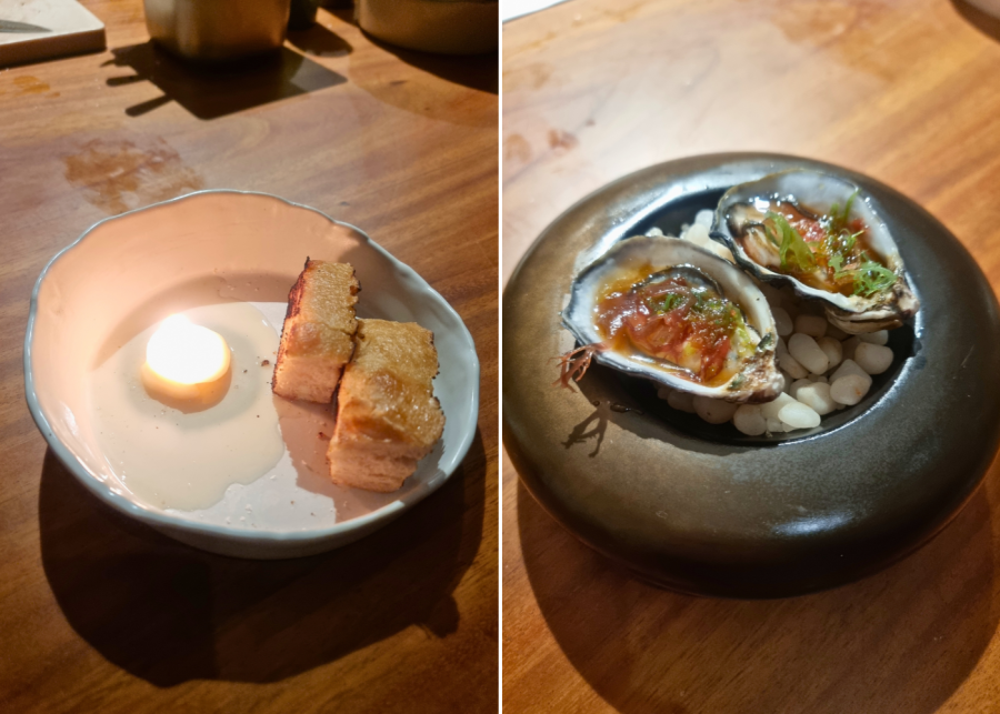 Focaccia with beef fat candle and Coffin Bay oysters with yuzu koshu and smoked beef fat | Il Toro Woodfire Grill Singapore review