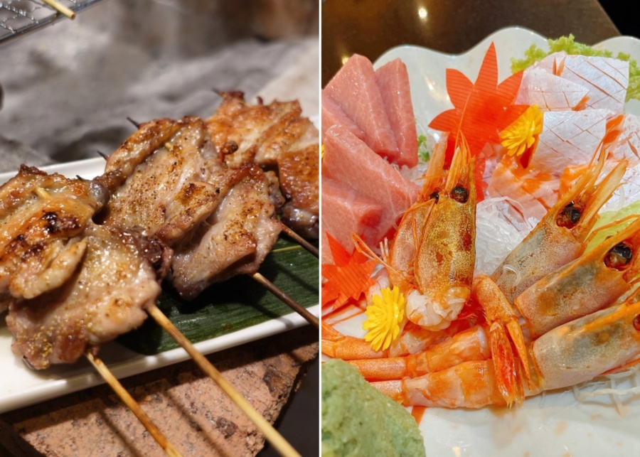 Japanese buffet in Singapore - Himawari Japanese Restaurant chicken wing skewers and sashimi platter with prawn, salmon and tuna
