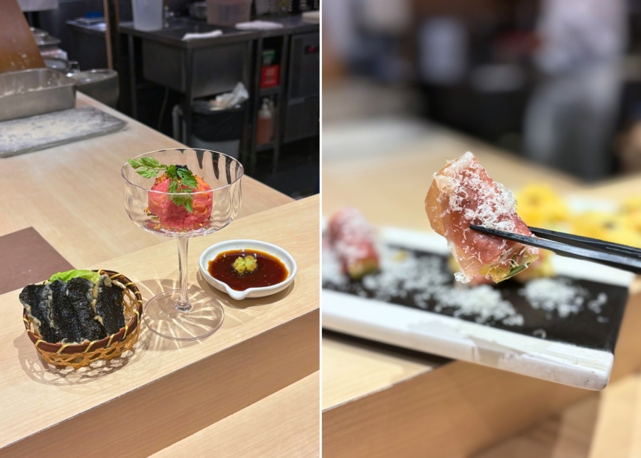 Tempura-En Suntec City review - prosciutto asparagus tempura and toro taku with crispy seaweed