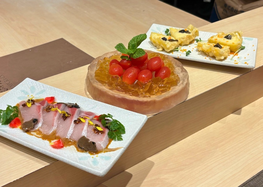 Tempura-En Suntec City review - truffle hamachi carpaccio, tomato shikuwasa zuke and truffle camembert tempura