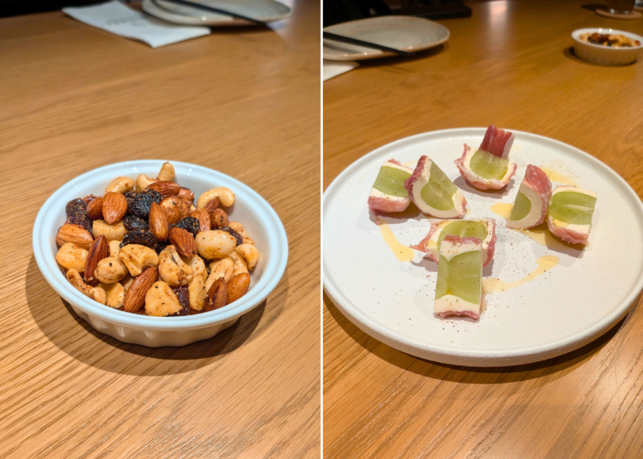 Smoked nuts and raisins, and prosciutto, cream cheese & shine muscat maki roll | Barrel Story of Hibiki in Singapore