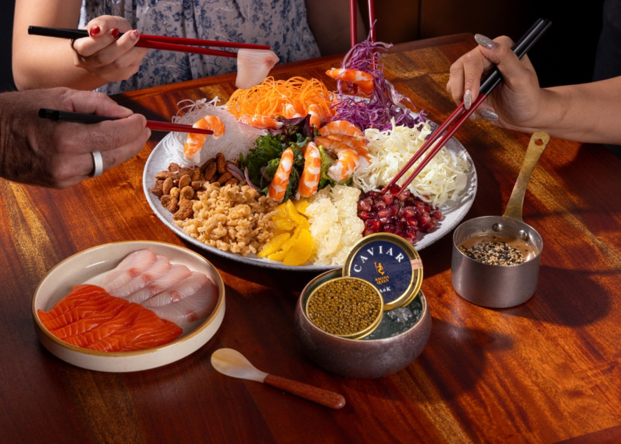 Best CNY 2026 reunion dinner menus - Level33 lohei with poached sustainable prawns, sashimi and Kaluga queen caviar