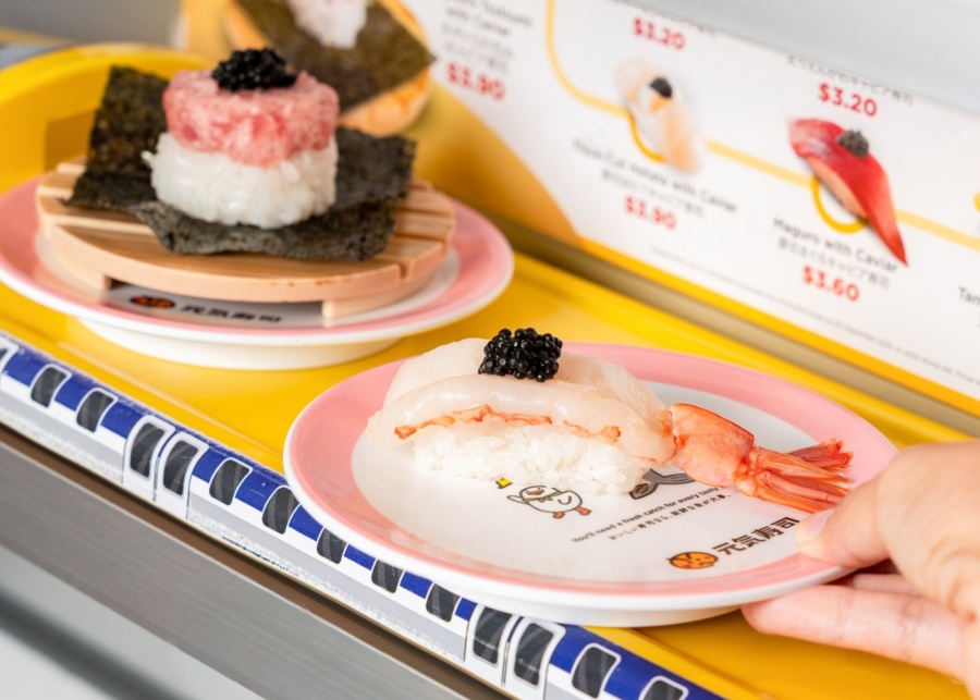 Best birthday vouchers in Singapore - Genki Sushi ebi nigiri on the sushi conveyor belt