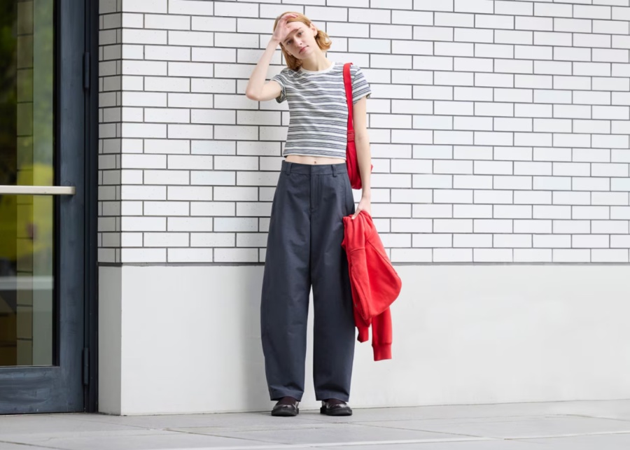 Best birthday vouchers in Singapore - Uniqlo model wearing striped top and barrel jeans