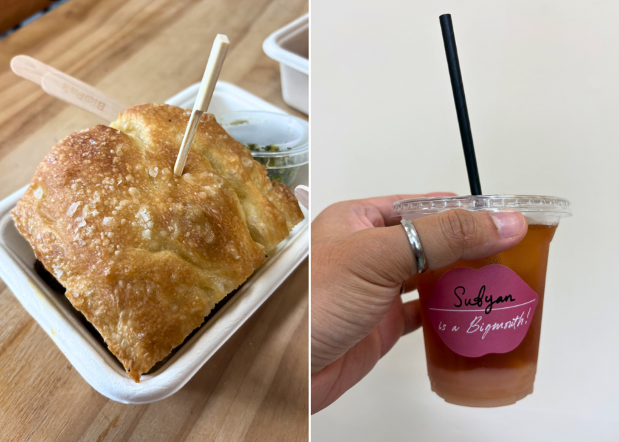 Big Mouth Bakehouse's Thai beef salad focaccia sandwich and lychee oolong tea sea salt foam | New cafes in Singapore 2026