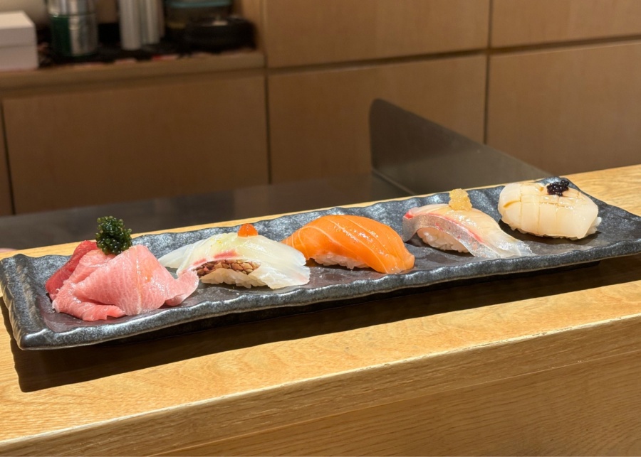 Haku Sushi Great World review - Three-colour tuna, seabream madai, salmon belly, kanpanchi and scallop hotate