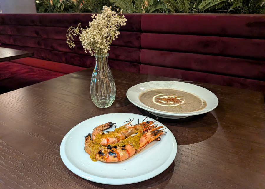 The Velvet Cut's tiger prawns and cream of truffled mushroom