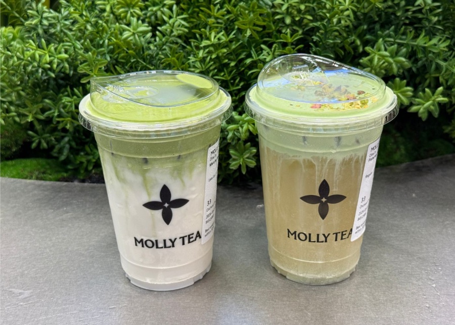 white champaca matcha and pistachio jasmine coconut molly tea