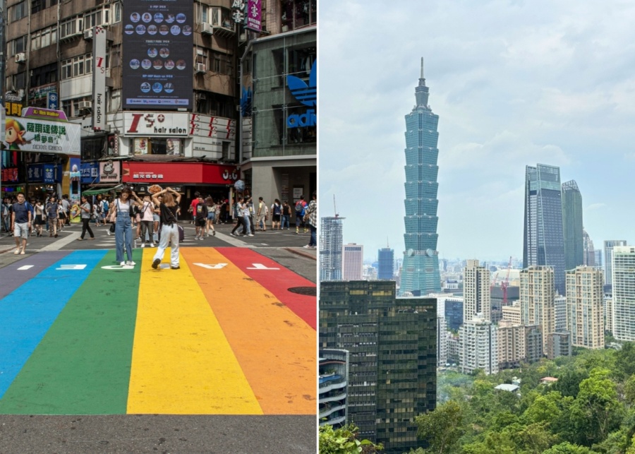 Cities to visit in Taiwan - Taipei Ximending rainbow pedestrian crossing and daytime view of Taipei 101
