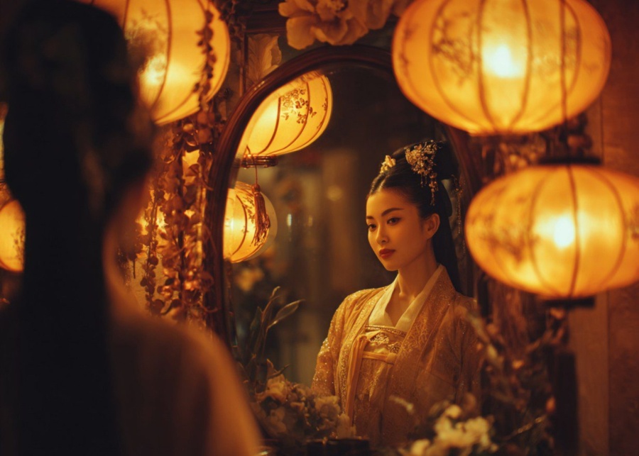 Where to do Hanfu photoshoot in Singapore - A woman dressed in Hanfu and posing in front of the mirror