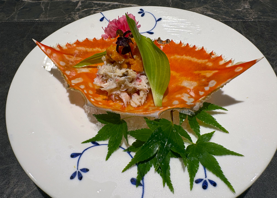 Jiin Omakase's appetiser - swimming crab, Japanese spring vegetables, red shiso sprouts, and tosazu jelly